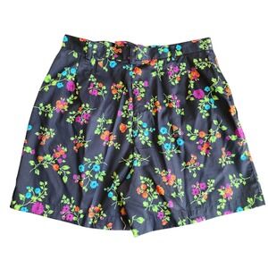 VTG Lizsport Womens Black Floral High Rise Pleated 100% Cotton Retro Shorts 16